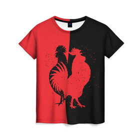 Женская футболка 3D с принтом черное и красное в Екатеринбурге, 100% полиэфир ( синтетическое хлопкоподобное полотно) | прямой крой, круглый вырез горловины, длина до линии бедер | 2017 | new year | год | новогодний | новый | огненный | петух | петушок | с новым годом