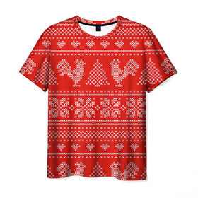 Мужская футболка 3D с принтом Вязанный свитер с петухами в Екатеринбурге, 100% полиэфир | прямой крой, круглый вырез горловины, длина до линии бедер | 2017 | new year | год | новогодний | новый | огненный | петух | петушок | с новым годом