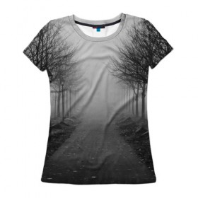 Женская футболка 3D с принтом Тропинка в Екатеринбурге, 100% полиэфир ( синтетическое хлопкоподобное полотно) | прямой крой, круглый вырез горловины, длина до линии бедер | деревья | дорожка | природа | тропинка | туман
