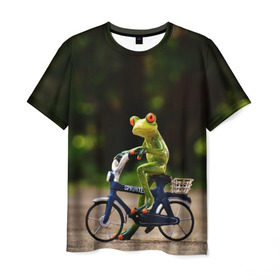 Мужская футболка 3D с принтом Лягушка в Екатеринбурге, 100% полиэфир | прямой крой, круглый вырез горловины, длина до линии бедер | велосипед | жаба | животные | лягушка | мини | фигурка