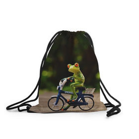 Рюкзак-мешок 3D с принтом Лягушка в Екатеринбурге, 100% полиэстер | плотность ткани — 200 г/м2, размер — 35 х 45 см; лямки — толстые шнурки, застежка на шнуровке, без карманов и подкладки | велосипед | жаба | животные | лягушка | мини | фигурка