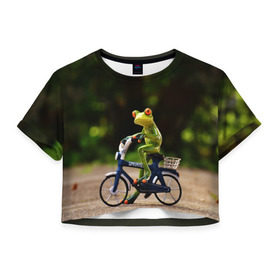 Женская футболка 3D укороченная с принтом Лягушка в Екатеринбурге, 100% полиэстер | круглая горловина, длина футболки до линии талии, рукава с отворотами | велосипед | жаба | животные | лягушка | мини | фигурка