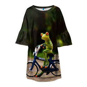 Детское платье 3D с принтом Лягушка в Екатеринбурге, 100% полиэстер | прямой силуэт, чуть расширенный к низу. Круглая горловина, на рукавах — воланы | Тематика изображения на принте: велосипед | жаба | животные | лягушка | мини | фигурка