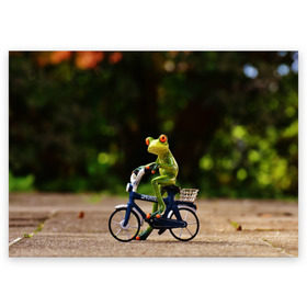 Поздравительная открытка с принтом Лягушка в Екатеринбурге, 100% бумага | плотность бумаги 280 г/м2, матовая, на обратной стороне линовка и место для марки
 | Тематика изображения на принте: велосипед | жаба | животные | лягушка | мини | фигурка