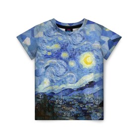 Детская футболка 3D с принтом Звездная ночь в Екатеринбурге, 100% гипоаллергенный полиэфир | прямой крой, круглый вырез горловины, длина до линии бедер, чуть спущенное плечо, ткань немного тянется | starry night | ван гог | город | звезды | импрессионизм | луна | ночь | художник