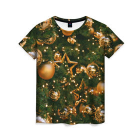 Женская футболка 3D с принтом Праздничные шары в Екатеринбурге, 100% полиэфир ( синтетическое хлопкоподобное полотно) | прямой крой, круглый вырез горловины, длина до линии бедер | елка | елочные | звезды | золото | игрушки | хвоя | шары