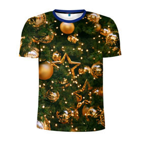 Мужская футболка 3D спортивная с принтом Праздничные шары в Екатеринбурге, 100% полиэстер с улучшенными характеристиками | приталенный силуэт, круглая горловина, широкие плечи, сужается к линии бедра | елка | елочные | звезды | золото | игрушки | хвоя | шары