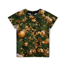 Детская футболка 3D с принтом Праздничные шары в Екатеринбурге, 100% гипоаллергенный полиэфир | прямой крой, круглый вырез горловины, длина до линии бедер, чуть спущенное плечо, ткань немного тянется | елка | елочные | звезды | золото | игрушки | хвоя | шары