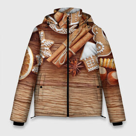 Мужская зимняя куртка 3D с принтом Коричные пряники в Екатеринбурге, верх — 100% полиэстер; подкладка — 100% полиэстер; утеплитель — 100% полиэстер | длина ниже бедра, свободный силуэт Оверсайз. Есть воротник-стойка, отстегивающийся капюшон и ветрозащитная планка. 

Боковые карманы с листочкой на кнопках и внутренний карман на молнии. | Тематика изображения на принте: 2017 | happy | new | year | год | корица | новый | печенье | печеньки | пряники | сладости