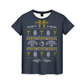 Женская футболка 3D с принтом Новогодний свитер Чужой в Екатеринбурге, 100% полиэфир ( синтетическое хлопкоподобное полотно) | прямой крой, круглый вырез горловины, длина до линии бедер | alien | new year | новогодний