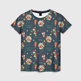 Женская футболка 3D с принтом Гринч в Екатеринбурге, 100% полиэфир ( синтетическое хлопкоподобное полотно) | прямой крой, круглый вырез горловины, длина до линии бедер | ангел | ёлка | ель | зима | колокольчик | нг | новый год | олень | рождество | санта | снег