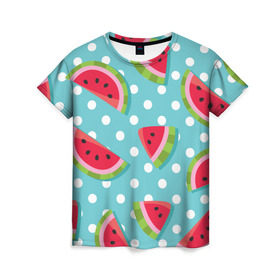 Женская футболка 3D с принтом Арбузный рай в Екатеринбурге, 100% полиэфир ( синтетическое хлопкоподобное полотно) | прямой крой, круглый вырез горловины, длина до линии бедер | berry | eat | fruit | pattern | sweet | watermelon | арбуз | еда | сладость | узор | фрукт | ягода