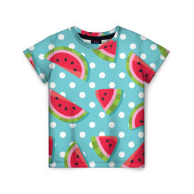 Детская футболка 3D с принтом Арбузный рай в Екатеринбурге, 100% гипоаллергенный полиэфир | прямой крой, круглый вырез горловины, длина до линии бедер, чуть спущенное плечо, ткань немного тянется | berry | eat | fruit | pattern | sweet | watermelon | арбуз | еда | сладость | узор | фрукт | ягода