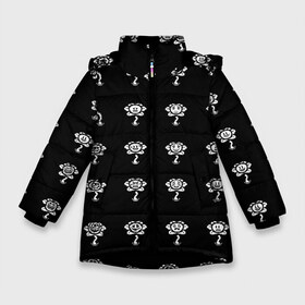 Зимняя куртка для девочек 3D с принтом Flowey emoji в Екатеринбурге, ткань верха — 100% полиэстер; подклад — 100% полиэстер, утеплитель — 100% полиэстер. | длина ниже бедра, удлиненная спинка, воротник стойка и отстегивающийся капюшон. Есть боковые карманы с листочкой на кнопках, утяжки по низу изделия и внутренний карман на молнии. 

Предусмотрены светоотражающий принт на спинке, радужный светоотражающий элемент на пуллере молнии и на резинке для утяжки. | undertale