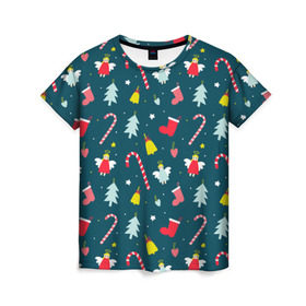 Женская футболка 3D с принтом Новогодний узор в Екатеринбурге, 100% полиэфир ( синтетическое хлопкоподобное полотно) | прямой крой, круглый вырез горловины, длина до линии бедер | ангел | ёлка | ель | зима | колокольчик | нг | новый год | олень | рождество | санта | снег
