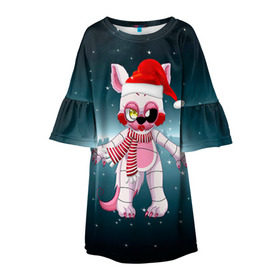Детское платье 3D с принтом Five Nights At Freddy`s в Екатеринбурге, 100% полиэстер | прямой силуэт, чуть расширенный к низу. Круглая горловина, на рукавах — воланы | Тематика изображения на принте: fnaf | freddy | бонни | медведь | мишка | фнаф | фокси | фредди