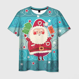 Мужская футболка 3D с принтом Дед мороз с подарками в Екатеринбурге, 100% полиэфир | прямой крой, круглый вырез горловины, длина до линии бедер | 2017 | дед мороз | новогодняя елка | новый год | подарок на новый год | санта | санта клаус | снег | снежинки