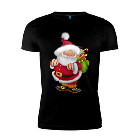Мужская футболка премиум с принтом Дед мороз с подарками в Екатеринбурге, 92% хлопок, 8% лайкра | приталенный силуэт, круглый вырез ворота, длина до линии бедра, короткий рукав | дед мороз | новогодний | рождество | санта клаус
