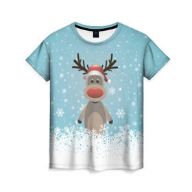 Женская футболка 3D с принтом Рудольф в Екатеринбурге, 100% полиэфир ( синтетическое хлопкоподобное полотно) | прямой крой, круглый вырез горловины, длина до линии бедер | ангел | ёлка | ель | зима | колокольчик | нг | новый год | олень | рождество | санта | снег