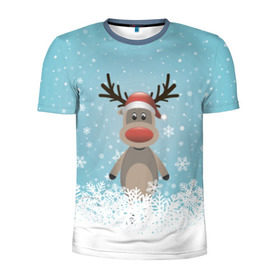 Мужская футболка 3D спортивная с принтом Рудольф в Екатеринбурге, 100% полиэстер с улучшенными характеристиками | приталенный силуэт, круглая горловина, широкие плечи, сужается к линии бедра | ангел | ёлка | ель | зима | колокольчик | нг | новый год | олень | рождество | санта | снег
