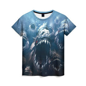 Женская футболка 3D с принтом Голодные пираньи в Екатеринбурге, 100% полиэфир ( синтетическое хлопкоподобное полотно) | прямой крой, круглый вырез горловины, длина до линии бедер | еда | зубы | клыки | кровь | людоед | монстр | пираньи | пиранья | рыбы | ужас | хищник | челюсти | чудовище