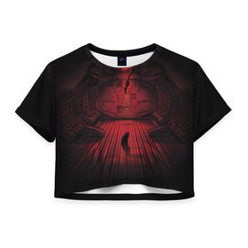 Женская футболка 3D укороченная с принтом ALIEN в Екатеринбурге, 100% полиэстер | круглая горловина, длина футболки до линии талии, рукава с отворотами | 