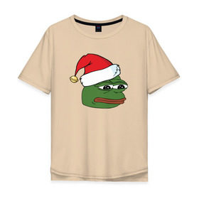 Мужская футболка хлопок Oversize с принтом New year sad frog в Екатеринбурге, 100% хлопок | свободный крой, круглый ворот, “спинка” длиннее передней части | pepe | новогодний | пепе | шапка
