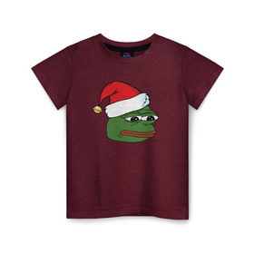 Детская футболка хлопок с принтом New year sad frog в Екатеринбурге, 100% хлопок | круглый вырез горловины, полуприлегающий силуэт, длина до линии бедер | Тематика изображения на принте: pepe | новогодний | пепе | шапка