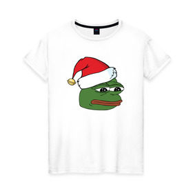 Женская футболка хлопок с принтом New year sad frog в Екатеринбурге, 100% хлопок | прямой крой, круглый вырез горловины, длина до линии бедер, слегка спущенное плечо | pepe | новогодний | пепе | шапка