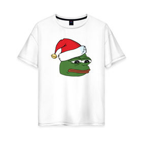 Женская футболка хлопок Oversize с принтом New year sad frog в Екатеринбурге, 100% хлопок | свободный крой, круглый ворот, спущенный рукав, длина до линии бедер
 | pepe | новогодний | пепе | шапка