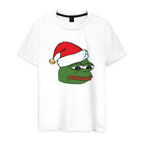 Мужская футболка хлопок с принтом New year sad frog в Екатеринбурге, 100% хлопок | прямой крой, круглый вырез горловины, длина до линии бедер, слегка спущенное плечо. | pepe | новогодний | пепе | шапка
