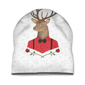 Шапка 3D с принтом Christmas Deer в Екатеринбурге, 100% полиэстер | универсальный размер, печать по всей поверхности изделия | new year | олень | рождество | роза | снег | узор