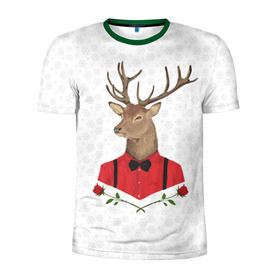 Мужская футболка 3D спортивная с принтом Christmas Deer в Екатеринбурге, 100% полиэстер с улучшенными характеристиками | приталенный силуэт, круглая горловина, широкие плечи, сужается к линии бедра | new year | олень | рождество | роза | снег | узор