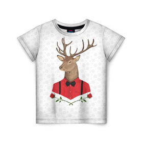 Детская футболка 3D с принтом Christmas Deer в Екатеринбурге, 100% гипоаллергенный полиэфир | прямой крой, круглый вырез горловины, длина до линии бедер, чуть спущенное плечо, ткань немного тянется | Тематика изображения на принте: new year | олень | рождество | роза | снег | узор