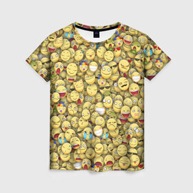 Женская футболка 3D с принтом Смайлики. Стикербомбинг в Екатеринбурге, 100% полиэфир ( синтетическое хлопкоподобное полотно) | прямой крой, круглый вырез горловины, длина до линии бедер | Тематика изображения на принте: emoji | желтый | мем | смайл | стикербомбинг | текстура | улыбка | эмодзи