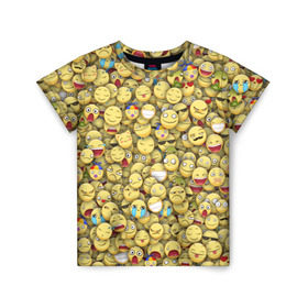 Детская футболка 3D с принтом Смайлики. Стикербомбинг в Екатеринбурге, 100% гипоаллергенный полиэфир | прямой крой, круглый вырез горловины, длина до линии бедер, чуть спущенное плечо, ткань немного тянется | emoji | желтый | мем | смайл | стикербомбинг | текстура | улыбка | эмодзи