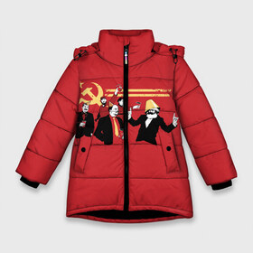 Зимняя куртка для девочек 3D с принтом Back in the USSR в Екатеринбурге, ткань верха — 100% полиэстер; подклад — 100% полиэстер, утеплитель — 100% полиэстер. | длина ниже бедра, удлиненная спинка, воротник стойка и отстегивающийся капюшон. Есть боковые карманы с листочкой на кнопках, утяжки по низу изделия и внутренний карман на молнии. 

Предусмотрены светоотражающий принт на спинке, радужный светоотражающий элемент на пуллере молнии и на резинке для утяжки. | гевара | ленин | ретро | советский | союз | ссср | сталин | че