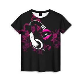 Женская футболка 3D с принтом Music love в Екатеринбурге, 100% полиэфир ( синтетическое хлопкоподобное полотно) | прямой крой, круглый вырез горловины, длина до линии бедер | dj | klub | music | губы | диджей | клуб | музыка | наушники