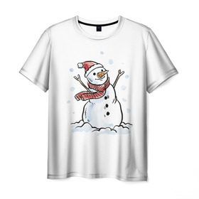 Мужская футболка 3D с принтом Снеговик в Екатеринбурге, 100% полиэфир | прямой крой, круглый вырез горловины, длина до линии бедер | Тематика изображения на принте: happy new year | new year | santa claus | дед мороз | дедушка мороз | новый год | санта клаус | снеговик