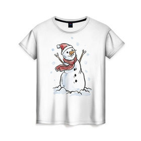 Женская футболка 3D с принтом Снеговик в Екатеринбурге, 100% полиэфир ( синтетическое хлопкоподобное полотно) | прямой крой, круглый вырез горловины, длина до линии бедер | happy new year | new year | santa claus | дед мороз | дедушка мороз | новый год | санта клаус | снеговик