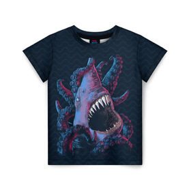 Детская футболка 3D с принтом Underwater Fight в Екатеринбурге, 100% гипоаллергенный полиэфир | прямой крой, круглый вырез горловины, длина до линии бедер, чуть спущенное плечо, ткань немного тянется | Тематика изображения на принте: акула | осьминог