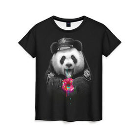 Женская футболка 3D с принтом Donut Panda в Екатеринбурге, 100% полиэфир ( синтетическое хлопкоподобное полотно) | прямой крой, круглый вырез горловины, длина до линии бедер | bear | donut | panda | police | коп | медведь | панда | пончик