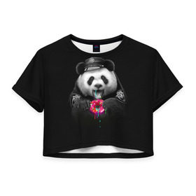 Женская футболка 3D укороченная с принтом Donut Panda в Екатеринбурге, 100% полиэстер | круглая горловина, длина футболки до линии талии, рукава с отворотами | bear | donut | panda | police | коп | медведь | панда | пончик