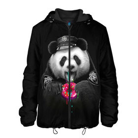 Мужская куртка 3D с принтом Donut Panda в Екатеринбурге, ткань верха — 100% полиэстер, подклад — флис | прямой крой, подол и капюшон оформлены резинкой с фиксаторами, два кармана без застежек по бокам, один большой потайной карман на груди. Карман на груди застегивается на липучку | bear | donut | panda | police | коп | медведь | панда | пончик