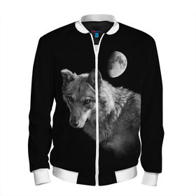 Мужской бомбер 3D с принтом Ночной Волк в Екатеринбурге, 100% полиэстер | застегивается на молнию, по бокам два кармана без застежек, по низу бомбера и на воротнике - эластичная резинка | Тематика изображения на принте: волк | волки | животные | звери | луна | ночь | серый | черно белый