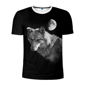 Мужская футболка 3D спортивная с принтом Ночной Волк в Екатеринбурге, 100% полиэстер с улучшенными характеристиками | приталенный силуэт, круглая горловина, широкие плечи, сужается к линии бедра | волк | волки | животные | звери | луна | ночь | серый | черно белый