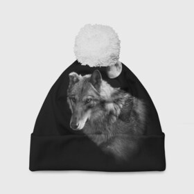 Шапка 3D c помпоном с принтом Ночной Волк в Екатеринбурге, 100% полиэстер | универсальный размер, печать по всей поверхности изделия | волк | волки | животные | звери | луна | ночь | серый | черно белый