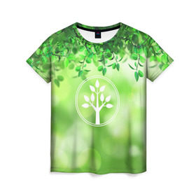Женская футболка 3D с принтом Береги природу в Екатеринбурге, 100% полиэфир ( синтетическое хлопкоподобное полотно) | прямой крой, круглый вырез горловины, длина до линии бедер | береги природу | дерево | зелёная | зелень | листья | природа