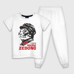 Детская пижама хлопок с принтом Meow Zedong Revolution forever в Екатеринбурге, 100% хлопок |  брюки и футболка прямого кроя, без карманов, на брюках мягкая резинка на поясе и по низу штанин
 | Тематика изображения на принте: кот революция