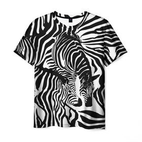 Мужская футболка 3D с принтом Зебра в Екатеринбурге, 100% полиэфир | прямой крой, круглый вырез горловины, длина до линии бедер | дикое | животное | зебра | камуфляж | лошадь | маскировка | полосы | текстура | фон | черно белые